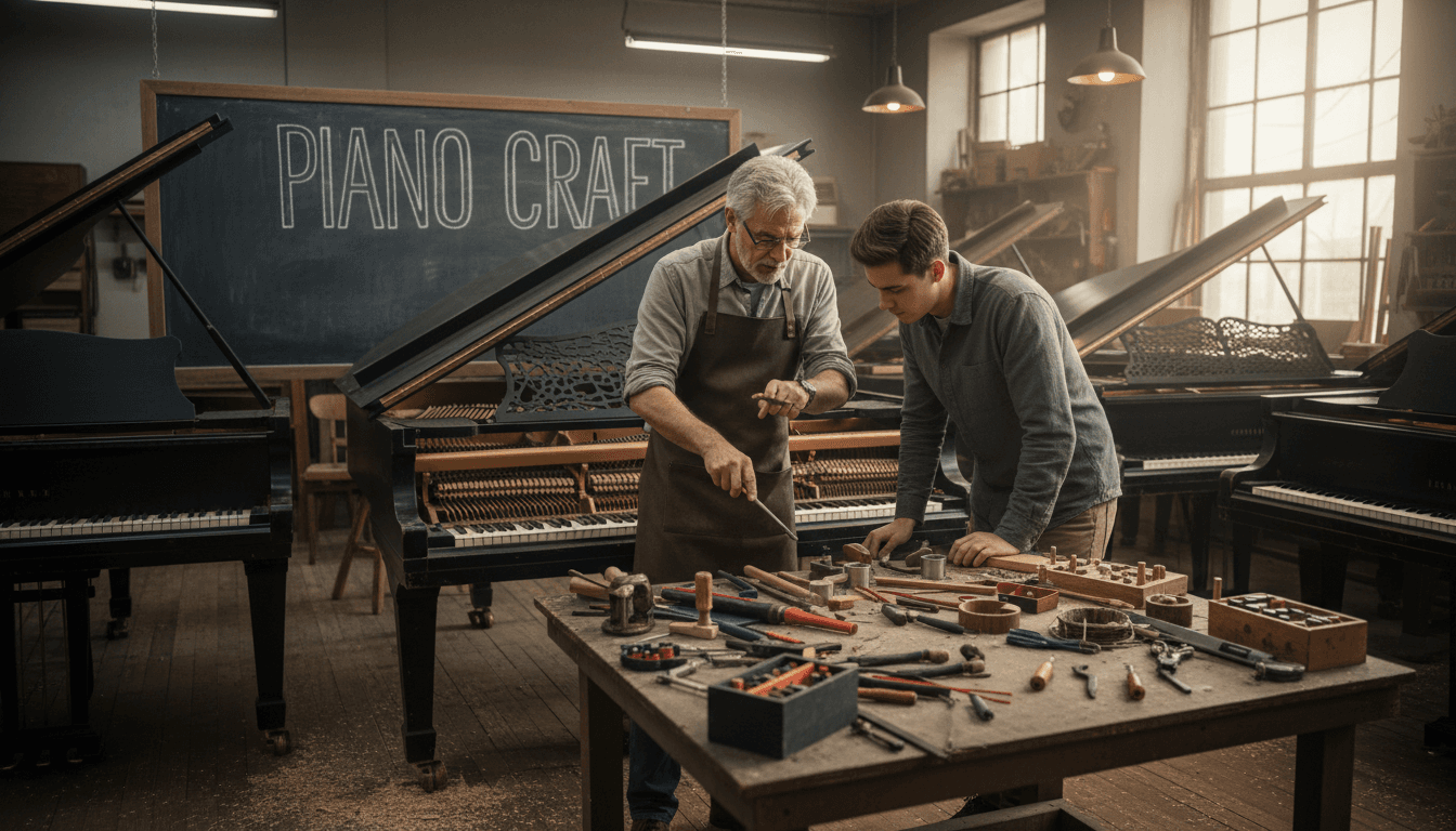 Piano technician mentor guiding a student inside a piano in a workshop