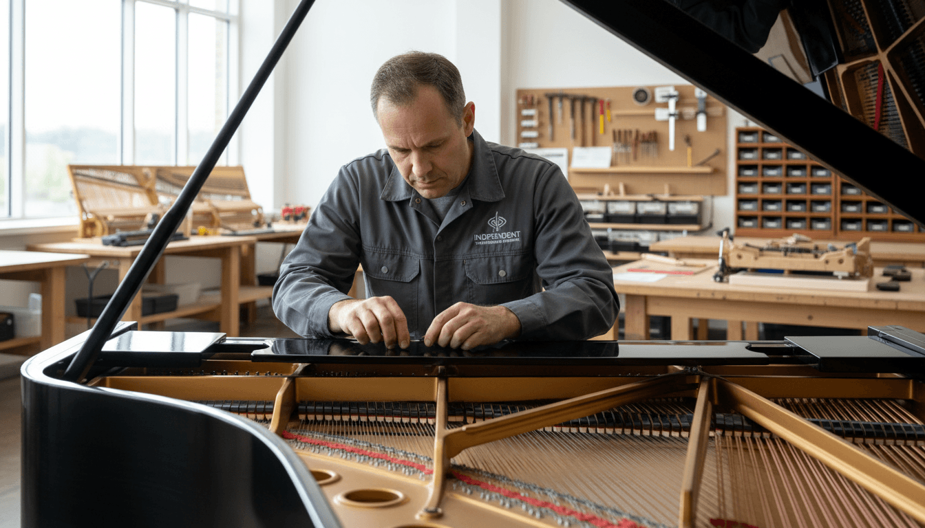 Piano technician adjusting a grand piano in a bright, modern workshop