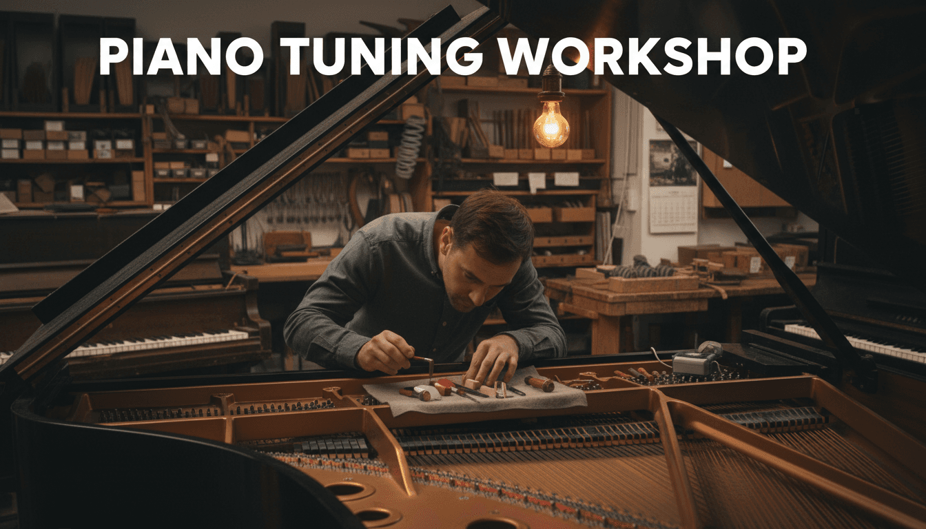 Piano technician tuning piano in workshop with professional tools and warm lighting