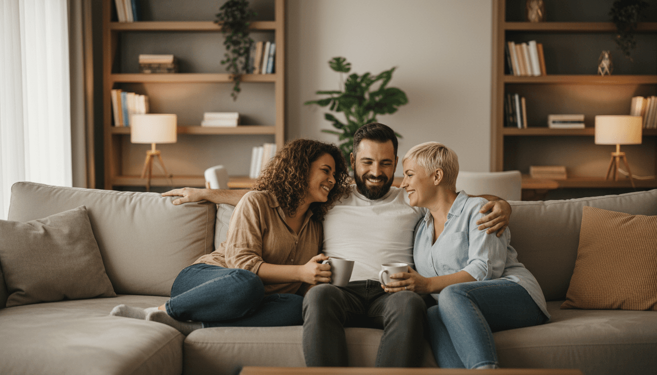 Small group of people having a conversation in a modern living room setting