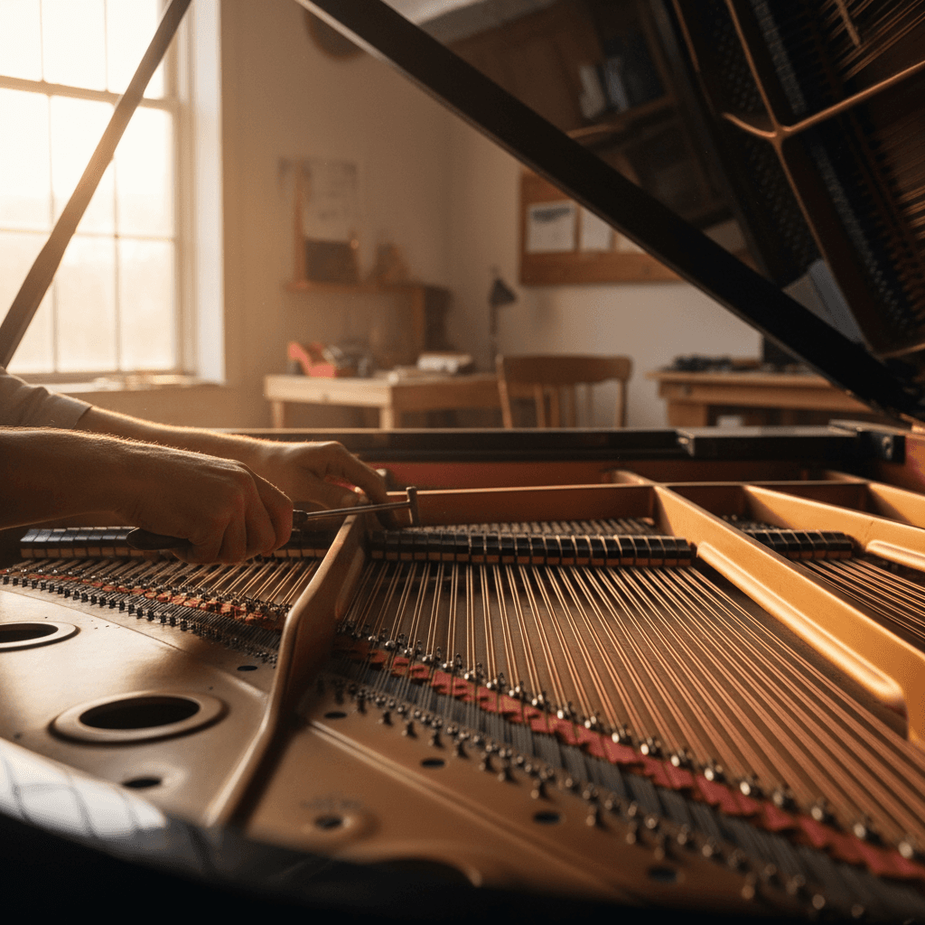 Piano technician working on a grand piano in a workshop