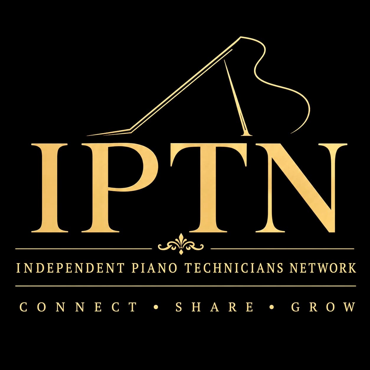 Gold IPTN logo with piano outline, Independent Piano Technicians Network, and Connect Share Grow.